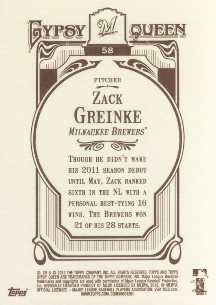 2012 Topps Gypsy Queen Zack Greinke # 58 Milwaukee Brewers