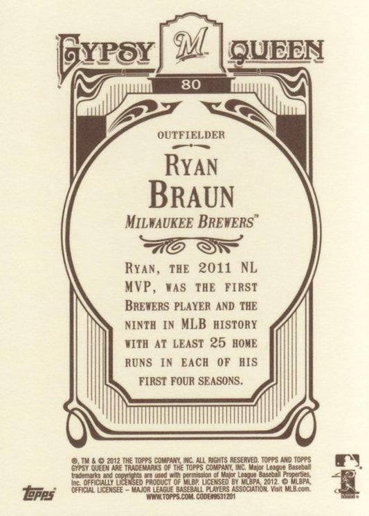 2012 Topps Gypsy Queen Ryan Braun # 80a Milwaukee Brewers