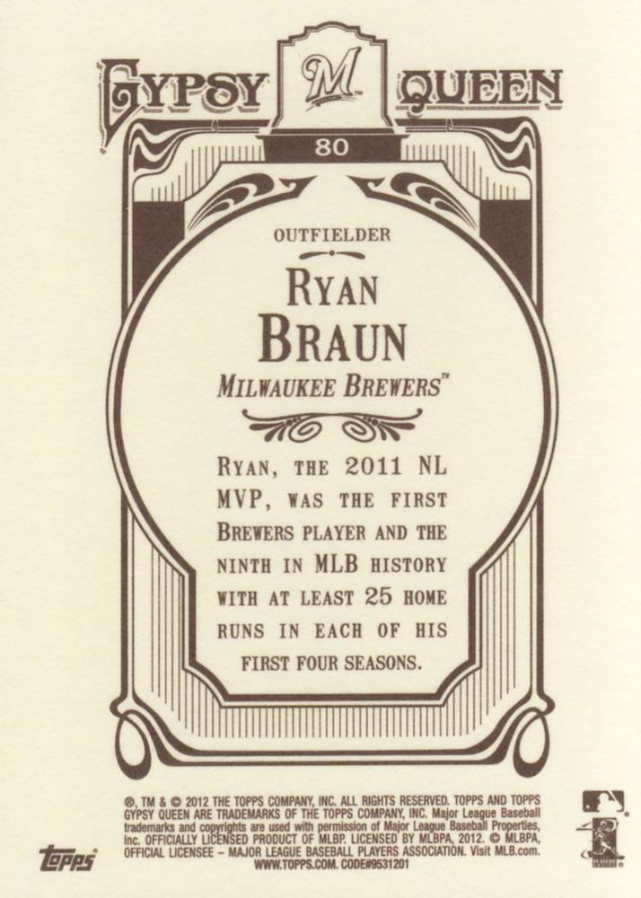 2012 Topps Gypsy Queen Ryan Braun # 80a Milwaukee Brewers