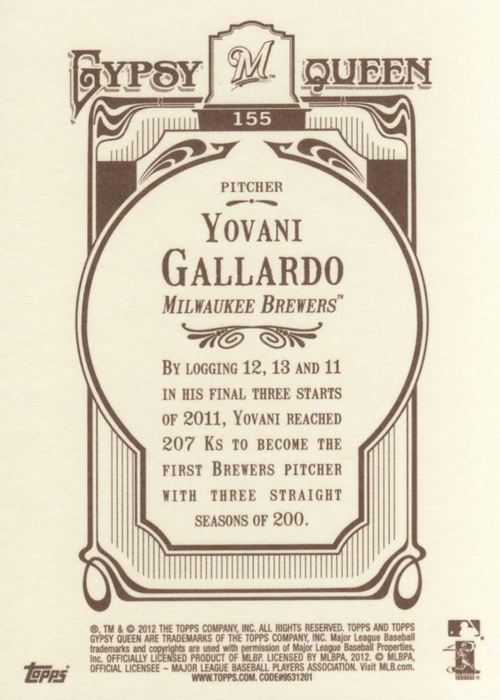 2012 Topps Gypsy Queen Yovani Gallardo # 155 Milwaukee Brewers