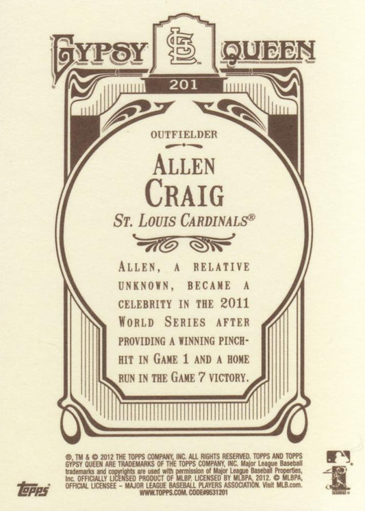 2012 Topps Gypsy Queen Allen Craig # 201 St. Louis Cardinals