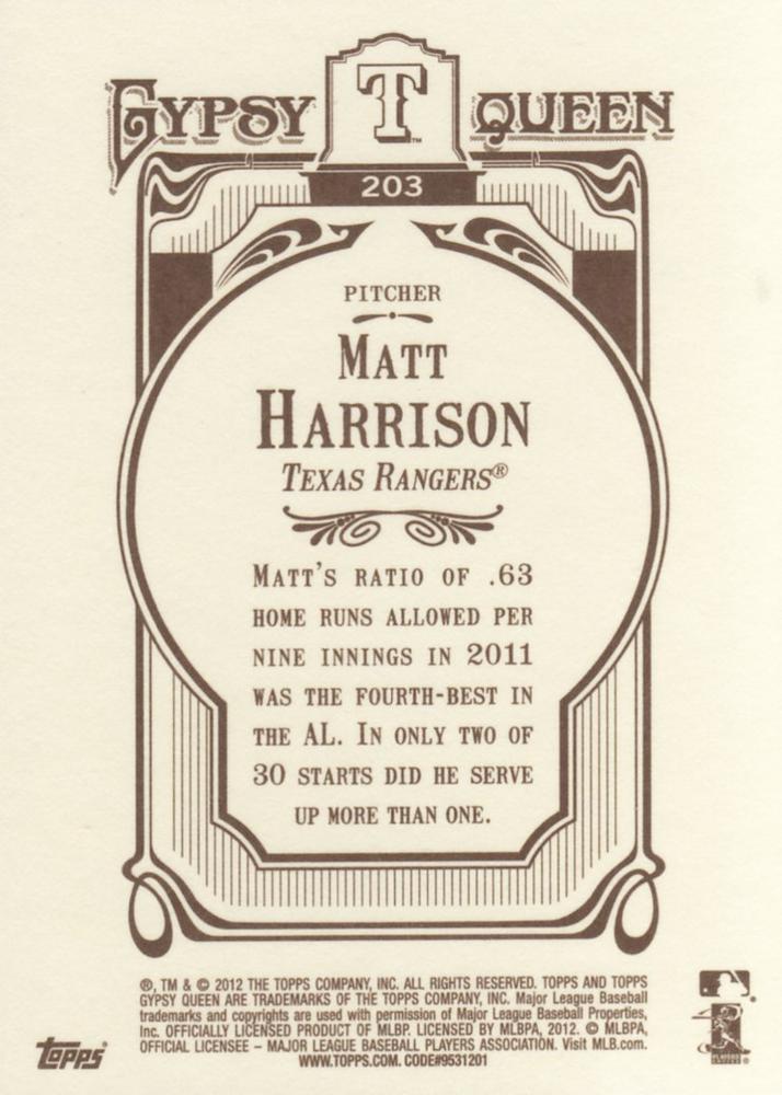 2012 Topps Gypsy Queen Matt Harrison # 203 Texas Rangers