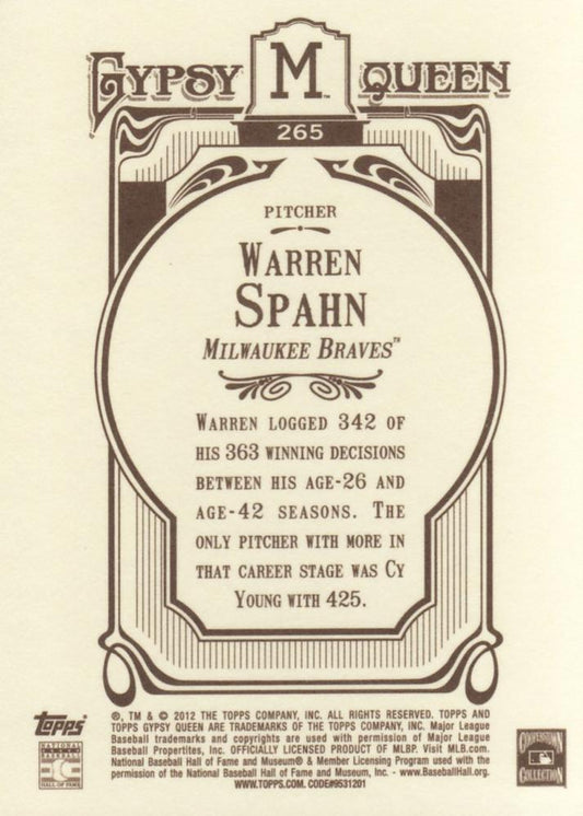 2012 Topps Gypsy Queen Warren Spahn # 265 Milwaukee Braves