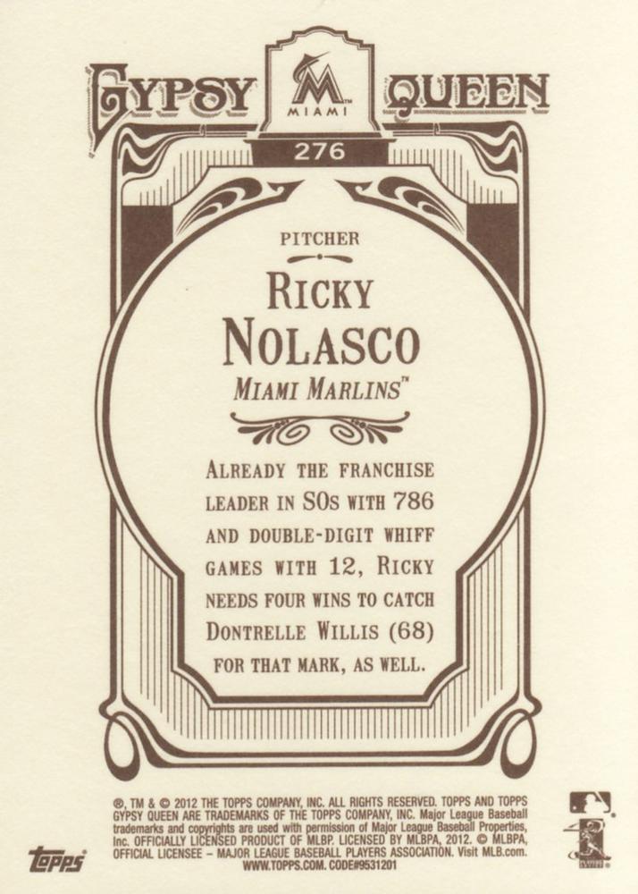 2012 Topps Gypsy Queen Ricky Nolasco # 276 Miami Marlins
