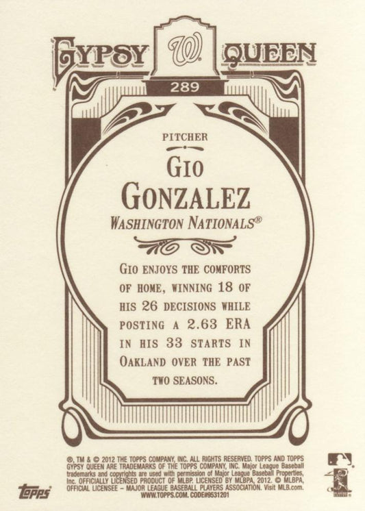 2012 Topps Gypsy Queen Gio Gonzalez # 289 Washington Nationals