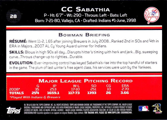 2009 Bowman Chrome CC Sabathia #28 New York Yankees