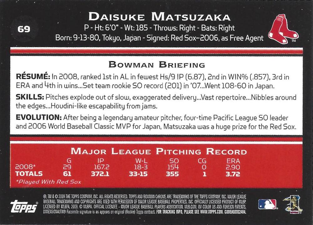 2009 Bowman Chrome Daisuke Matsuzaka #69 Boston Red Sox