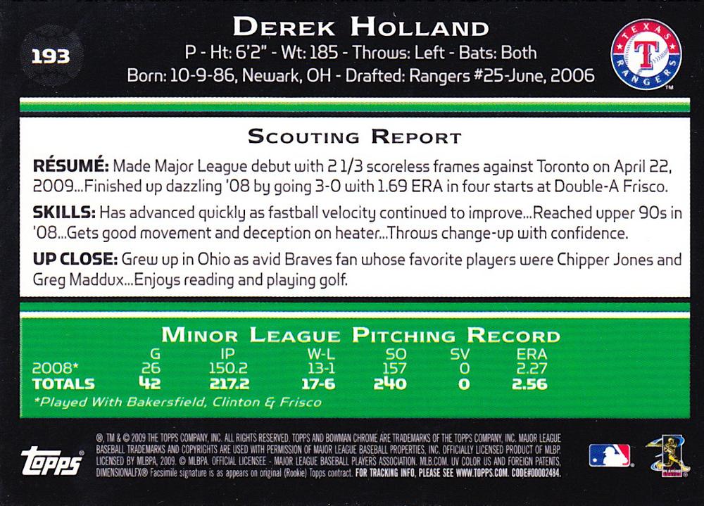 2009 Bowman Chrome Derek Holland RC #193 Texas Rangers