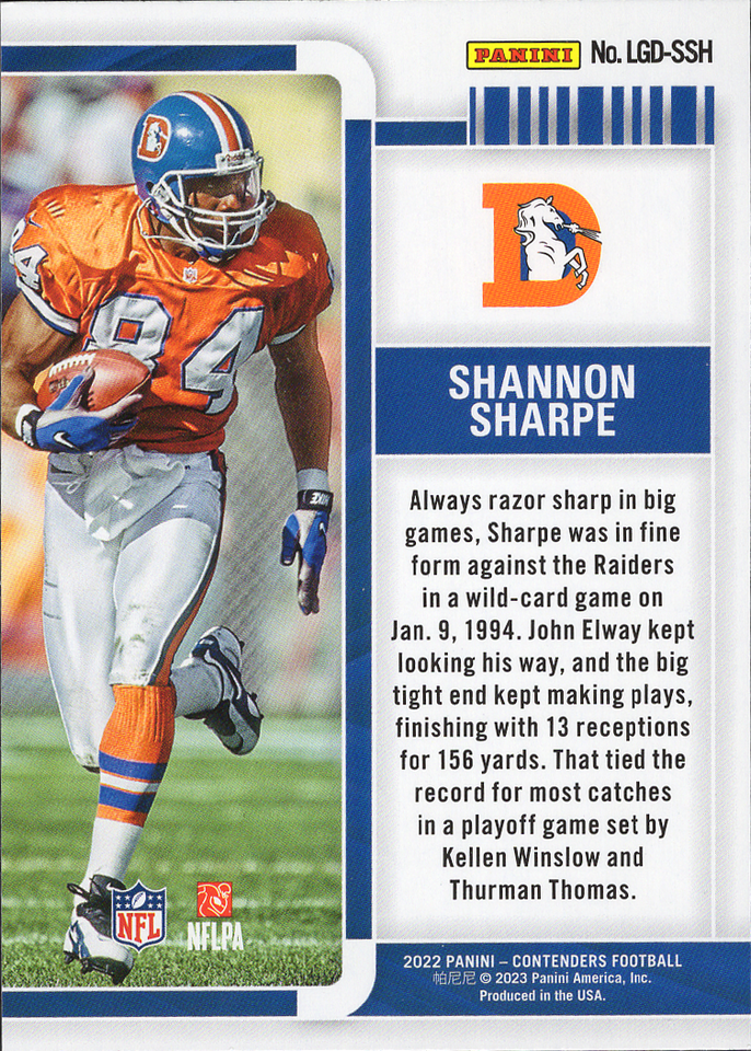 2022 Panini Contenders Legendary Contenders Emerald Shannon Sharpe LGD-SSH Denver Broncos