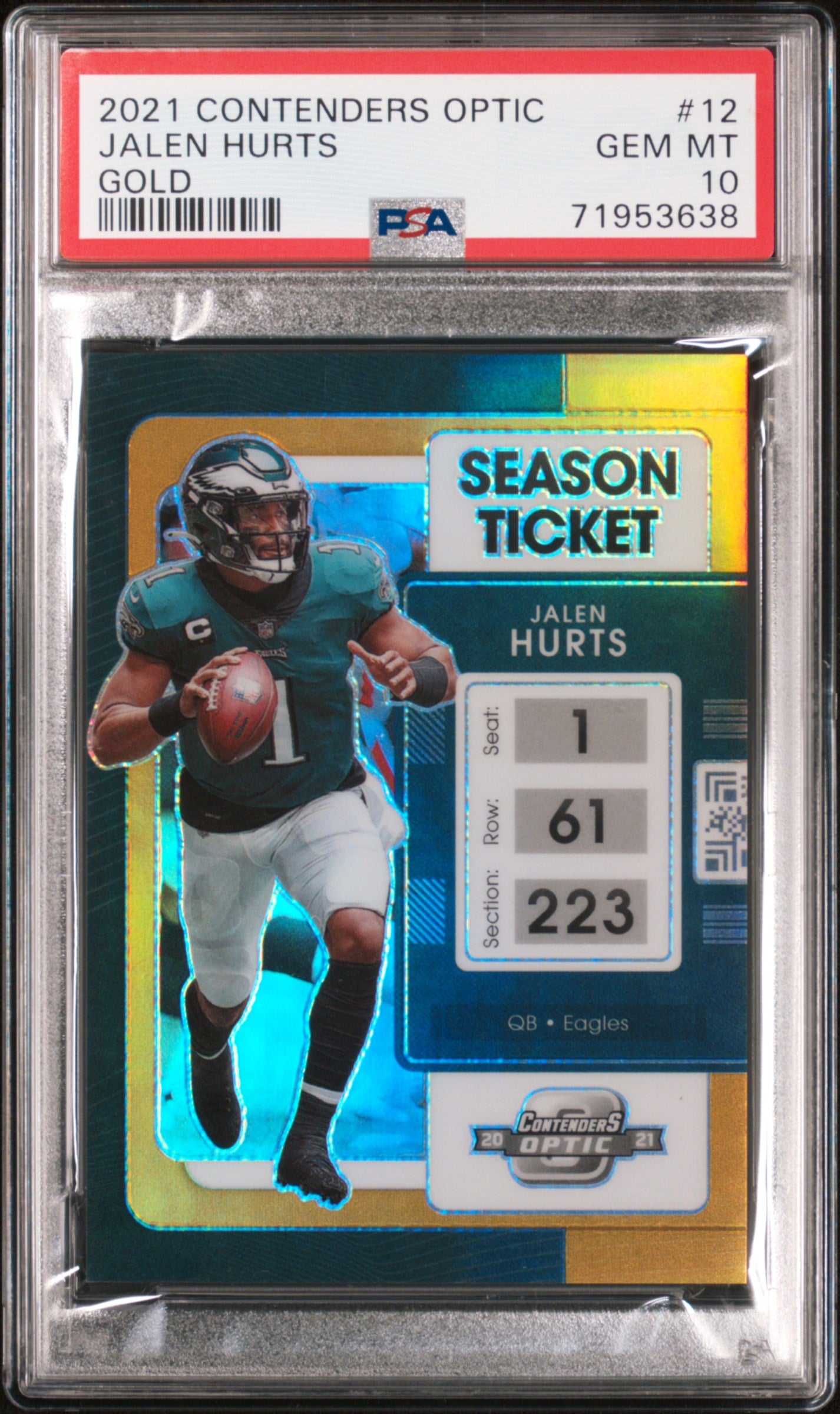 2021 Contenders Optic GOLD SEASON TICKET #12 JALEN HURTS /10 PSA 10 GEM MINT POP 3