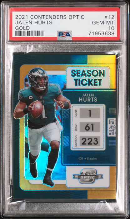 2021 Contenders Optic GOLD SEASON TICKET #12 JALEN HURTS /10 PSA 10 GEM MINT POP 3