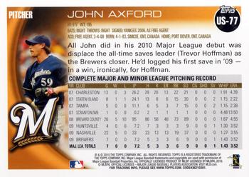 2010 Topps Update John Axford RC US-77 Milwaukee Brewers