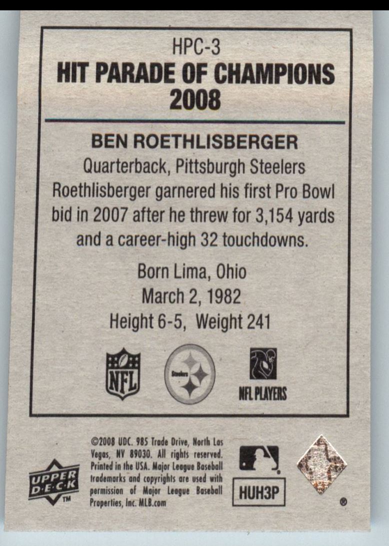 2008 UPD Hit Parade Of Champions Ben Roethlisberger Mini Card #HPC-3 Pittsburgh Steelers