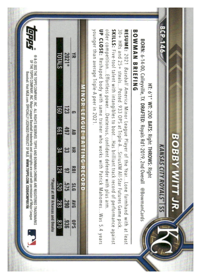 2022 Bowman #BCP-146 Bobby Witt Jr. Chrome Prospects