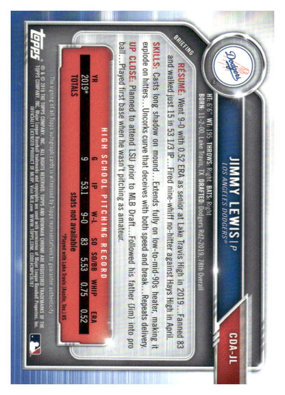 2019 Bowman Draft #CDA-JL Jimmy Lewis Chrome Draft Pick Autographs