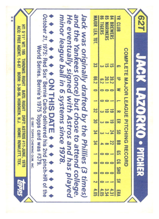 1987 Topps Traded #62T Jack Lazorko