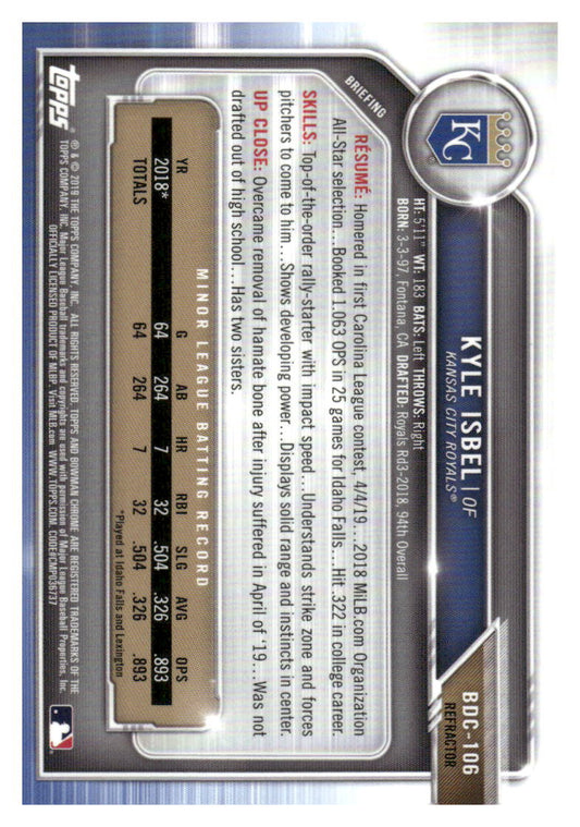 2019 Bowman Draft #BDC-106 Kyle Isbel Chrome Refractor