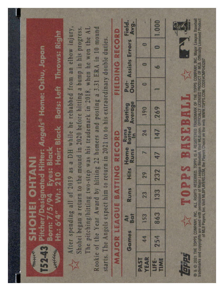 2021 Topps #T52-43 Shohei Ohtani 1952 Topps Redux