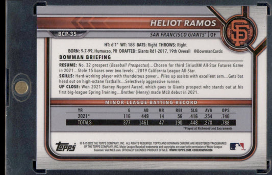 2022 Bowman #BCP-35 Heliot Ramos Chrome Prospects Lava #/399