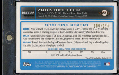 2009 Bowman Draft Prospects Chrome Blue Refractor /150 Zack Wheeler #BDPP86 Auto
