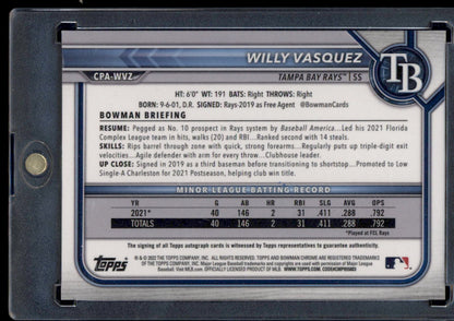 2022 Bowman Chrome #CPA-WVZ Willy Vasquez Prospect Autographs Refractor #/499