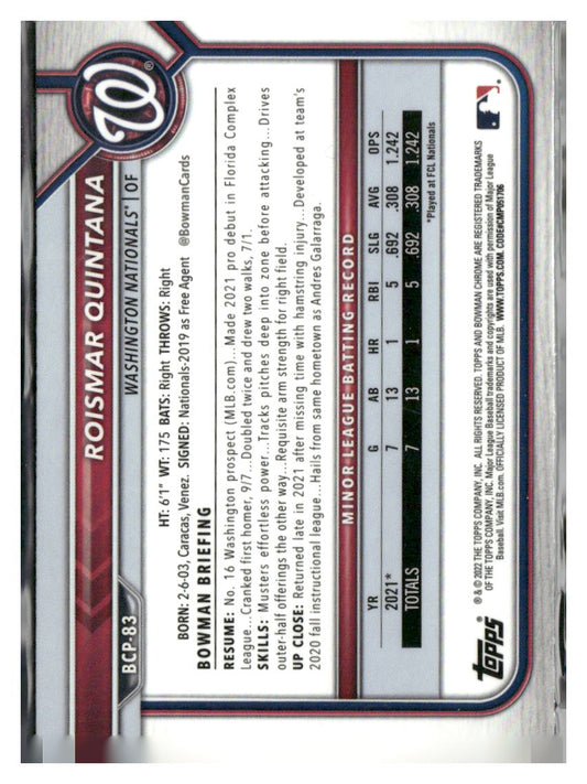 2022 Bowman #BCP-83 Roismar Quintana Chrome Prospects