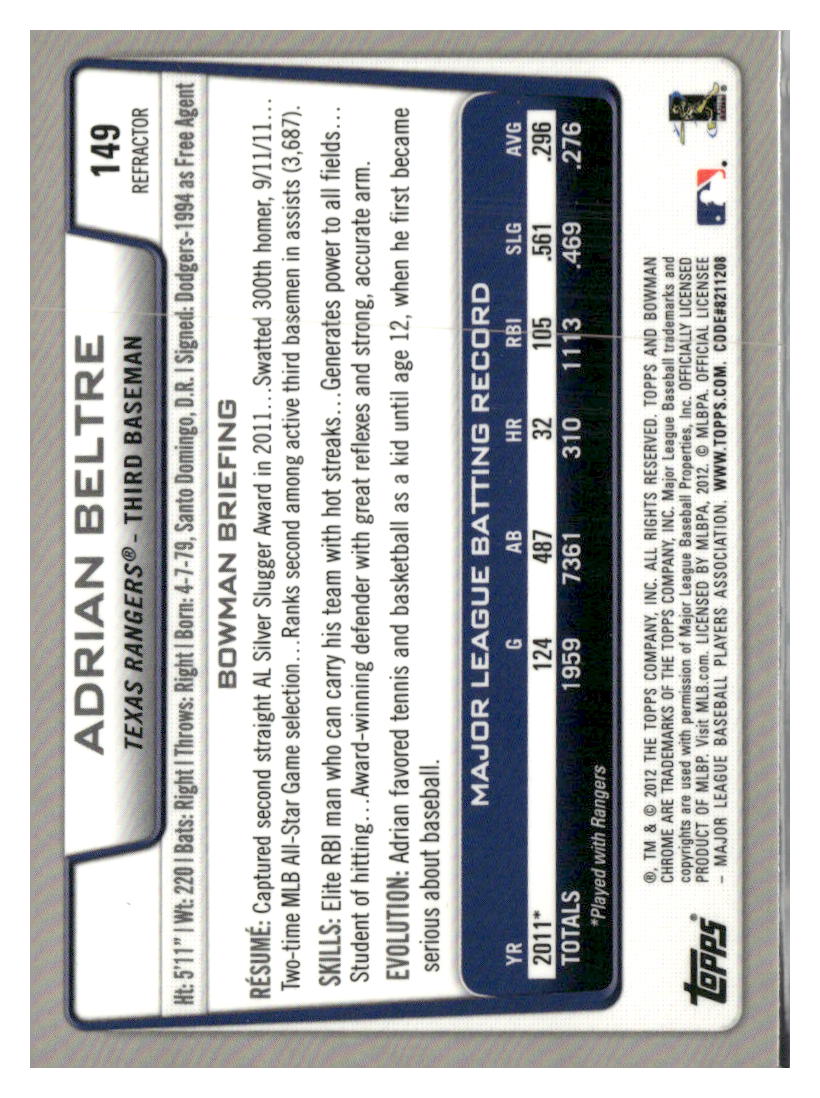 2012 Bowman Chrome #149 Adrian Beltre Refractors