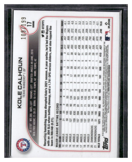 2022 Topps Chrome Sonic #17 Kole Calhoun Aqua RayWave Refractor #/199
