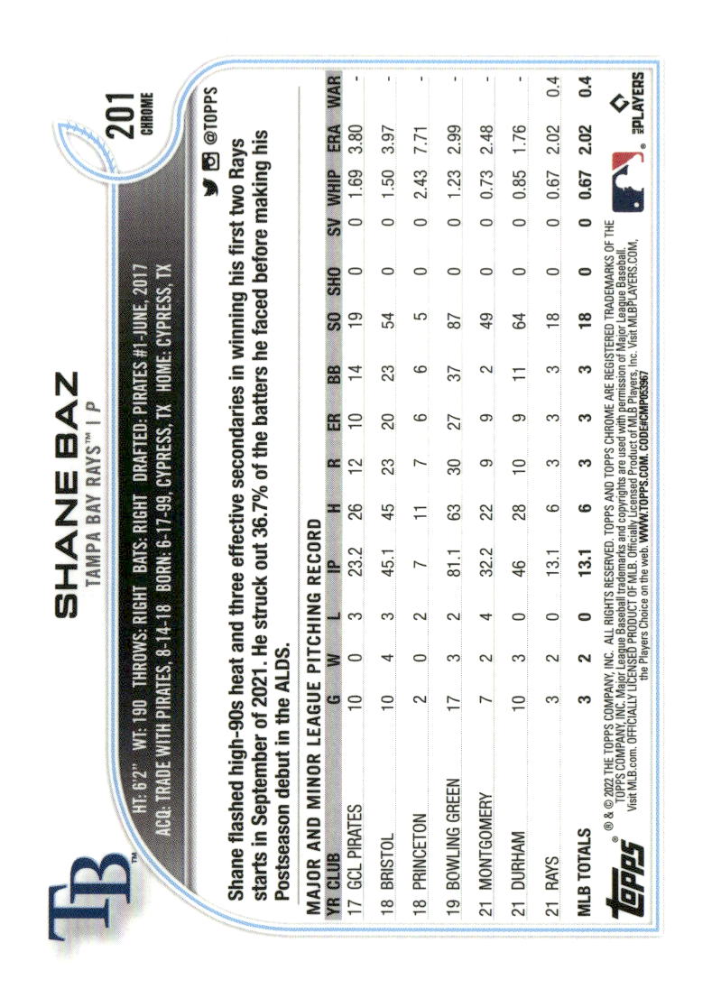2022 Topps Chrome #201 Shane Baz X-Fractor