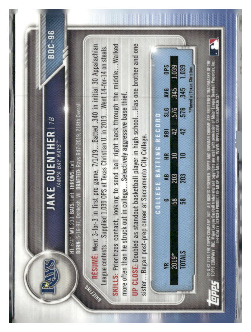 2019 Bowman Draft Sapphire Edition #BDC-96 Jake Guenther