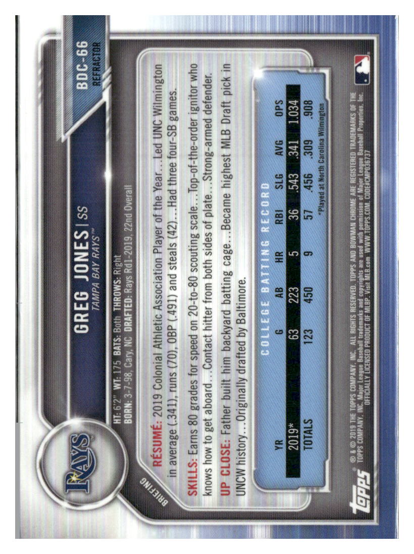 2019 Bowman Draft #BDC-66 Greg Jones Chrome Refractor