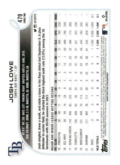 2022 Topps Tampa Bay Rays #TB-16 Josh Lowe