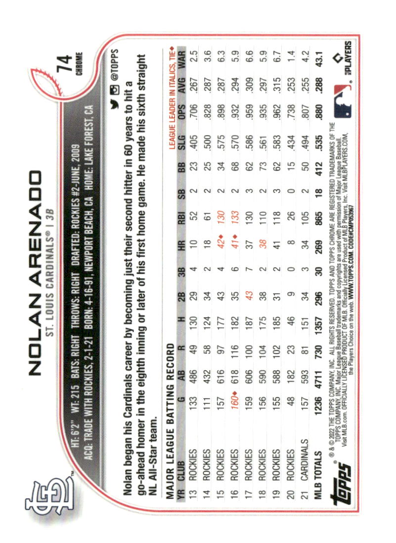 2022 Topps Chrome #74 Nolan Arenado X-Fractor
