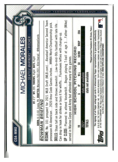 2021 Bowman Draft #CDA-MMO Michael Morales Chrome Draft Pick Autographs