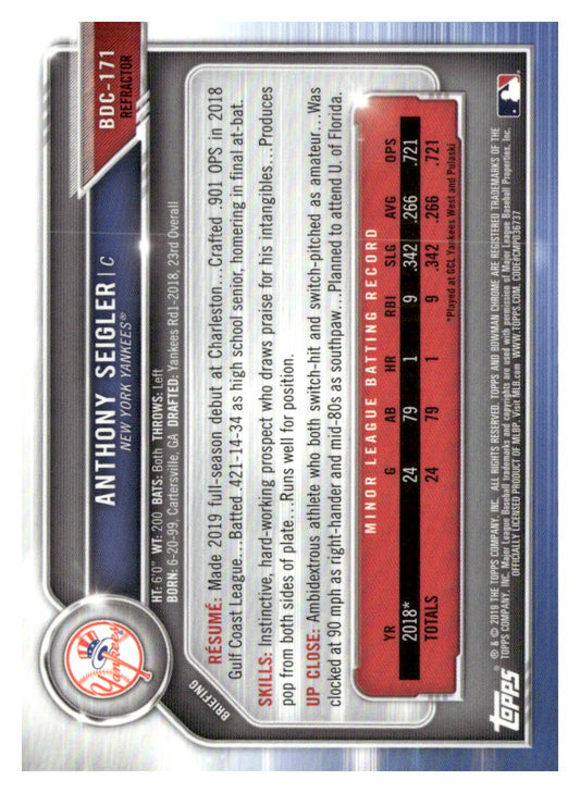 2019 Bowman Draft #BDC-171 Anthony Seigler Chrome Sparkle Refractor