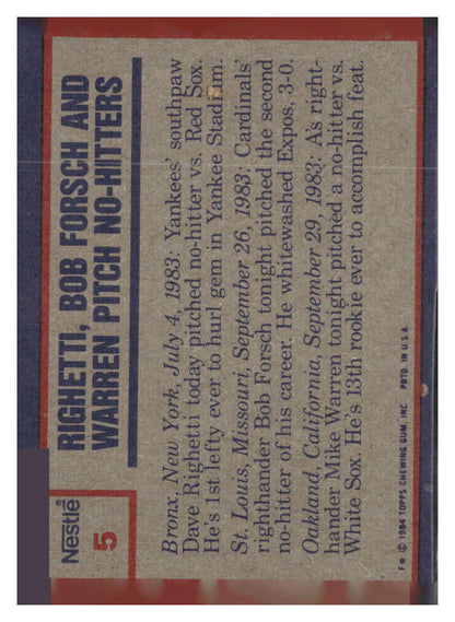 1984 Topps Nestle #5 Dave Righetti / Bob Forsch / Mike Warren