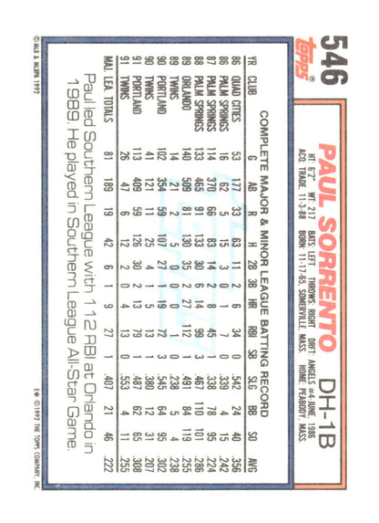 1992 Topps #546 Paul Sorrento