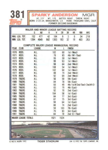 1992 Topps #381 Sparky Anderson