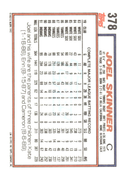 1992 Topps #378 Joel Skinner