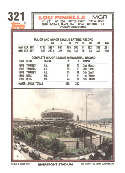 1992 Topps #321 Lou Piniella Gold Winners
