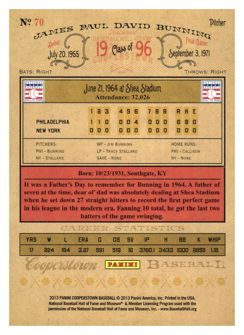 2013 Panini Cooperstown #70 Jim Bunning