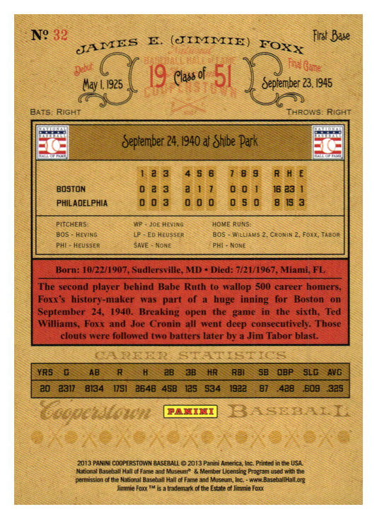 2013 Panini Cooperstown #32 Jimmie Foxx