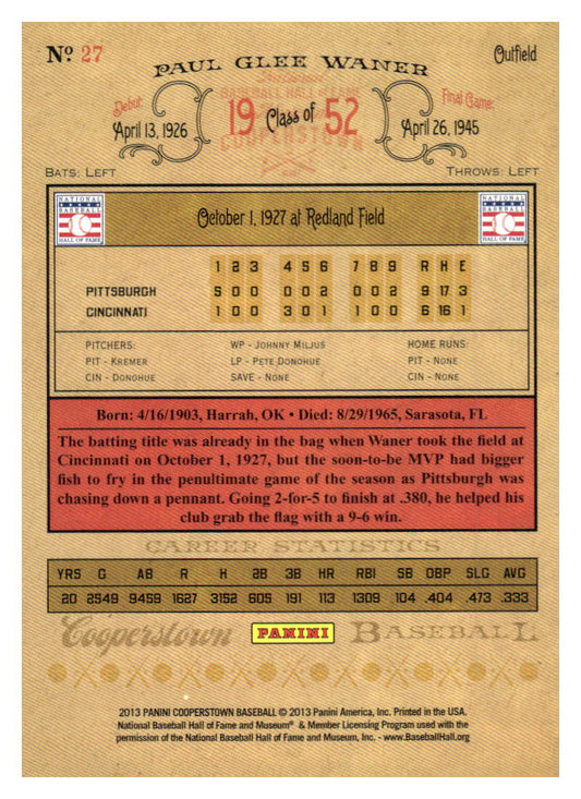 2013 Panini Cooperstown #27 Paul Waner