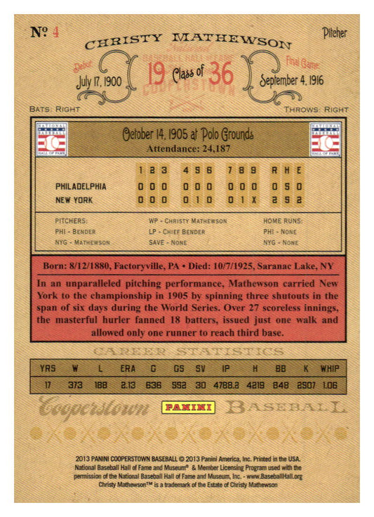 2013 Panini Cooperstown #4 Christy Mathewson Green Crystal