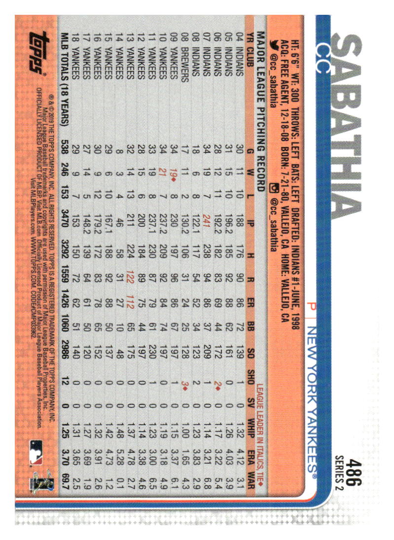 2019 Topps #486 CC Sabathia 582 Montgomery