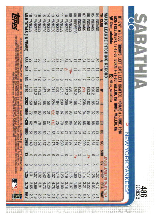 2019 Topps #486 CC Sabathia 582 Montgomery