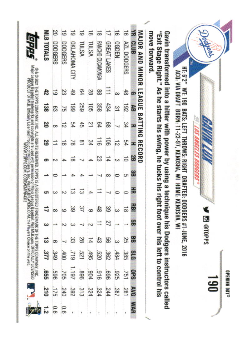 2021 Topps Opening Day #190 Gavin Lux
