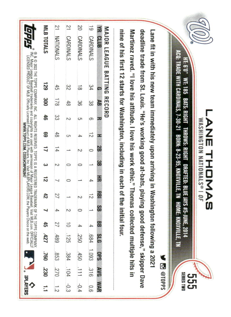 2022 Topps Washington Nationals #WAS-13 Lane Thomas