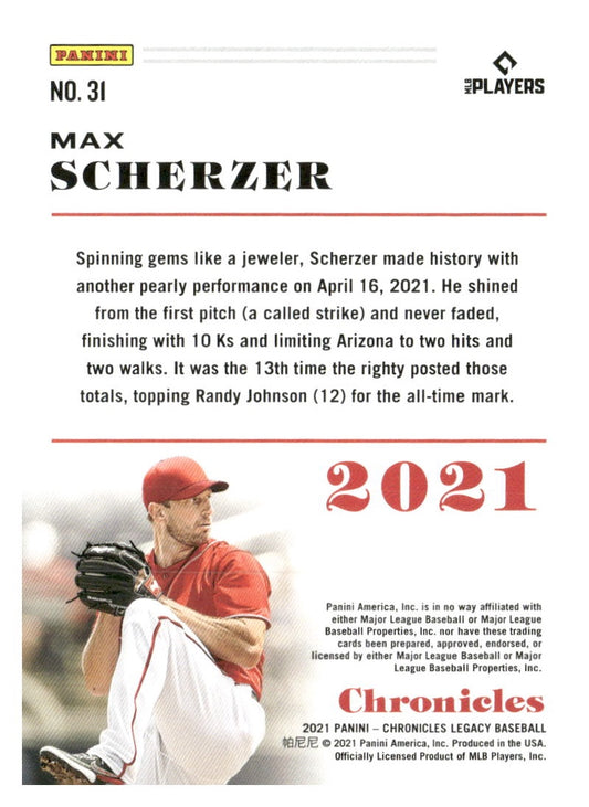 2021 Panini Chronicles #31 Max Scherzer Chronicles
