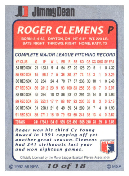 1992 Jimmy Dean #10 Roger Clemens